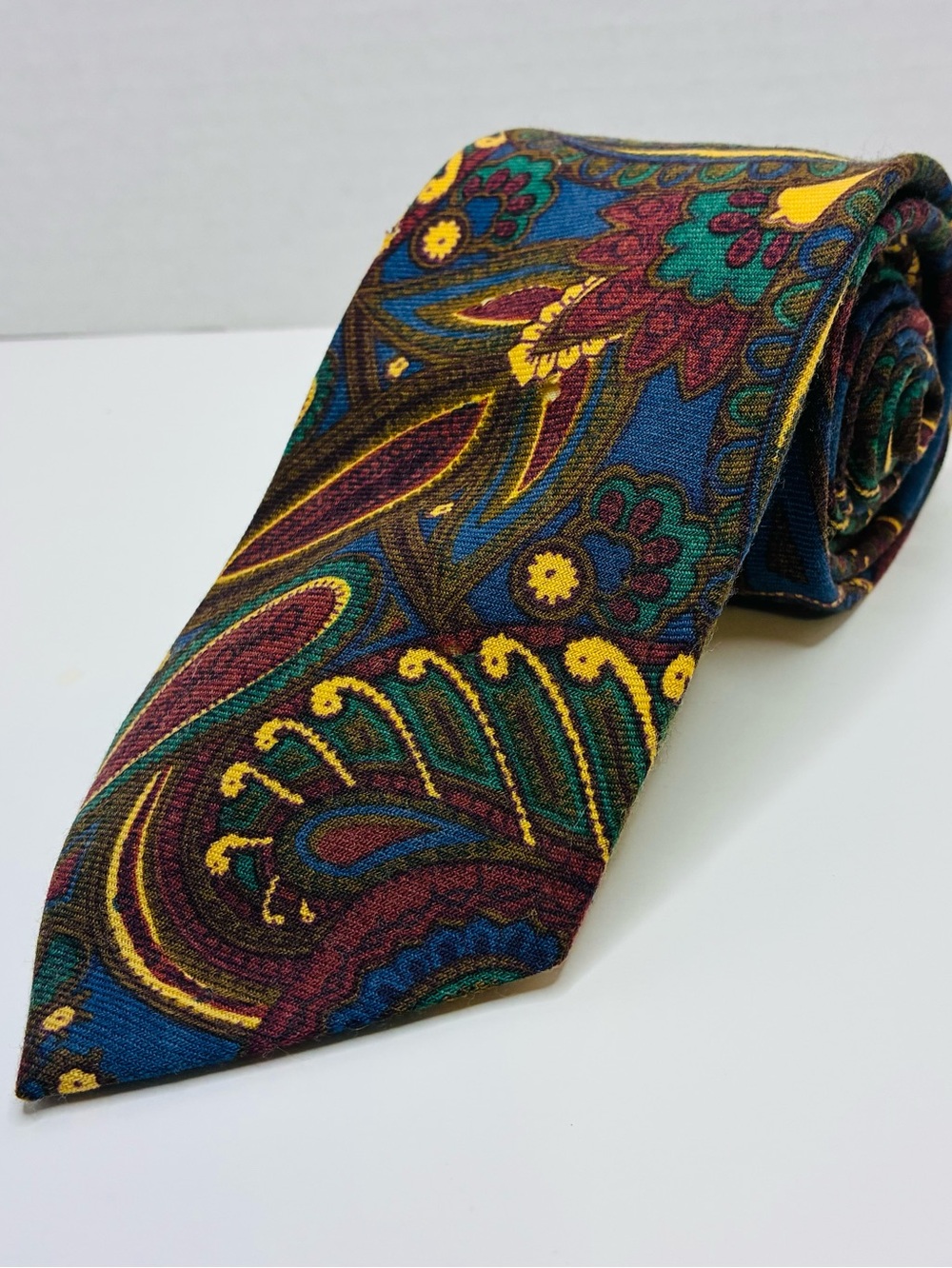 Vintage Polo Ralph Lauren Neiman Marcus Wool Tie Paisley Blue Green Burgundy 56”